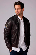 Slim brown lambskin jacket with teddy collar and PAF badge. - Image n°1
