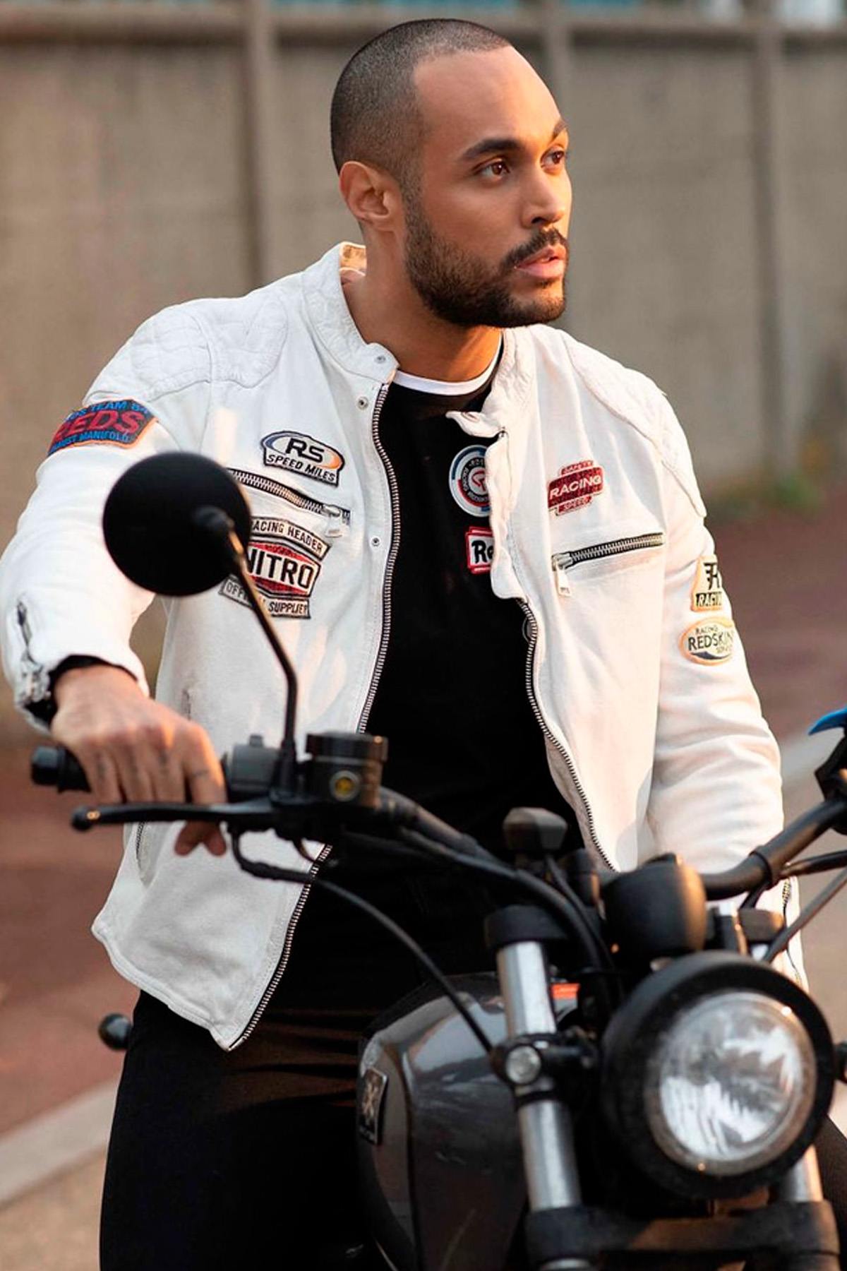 Off-white lambskin biker jacket with quilted detailing and patches. - Image n°1