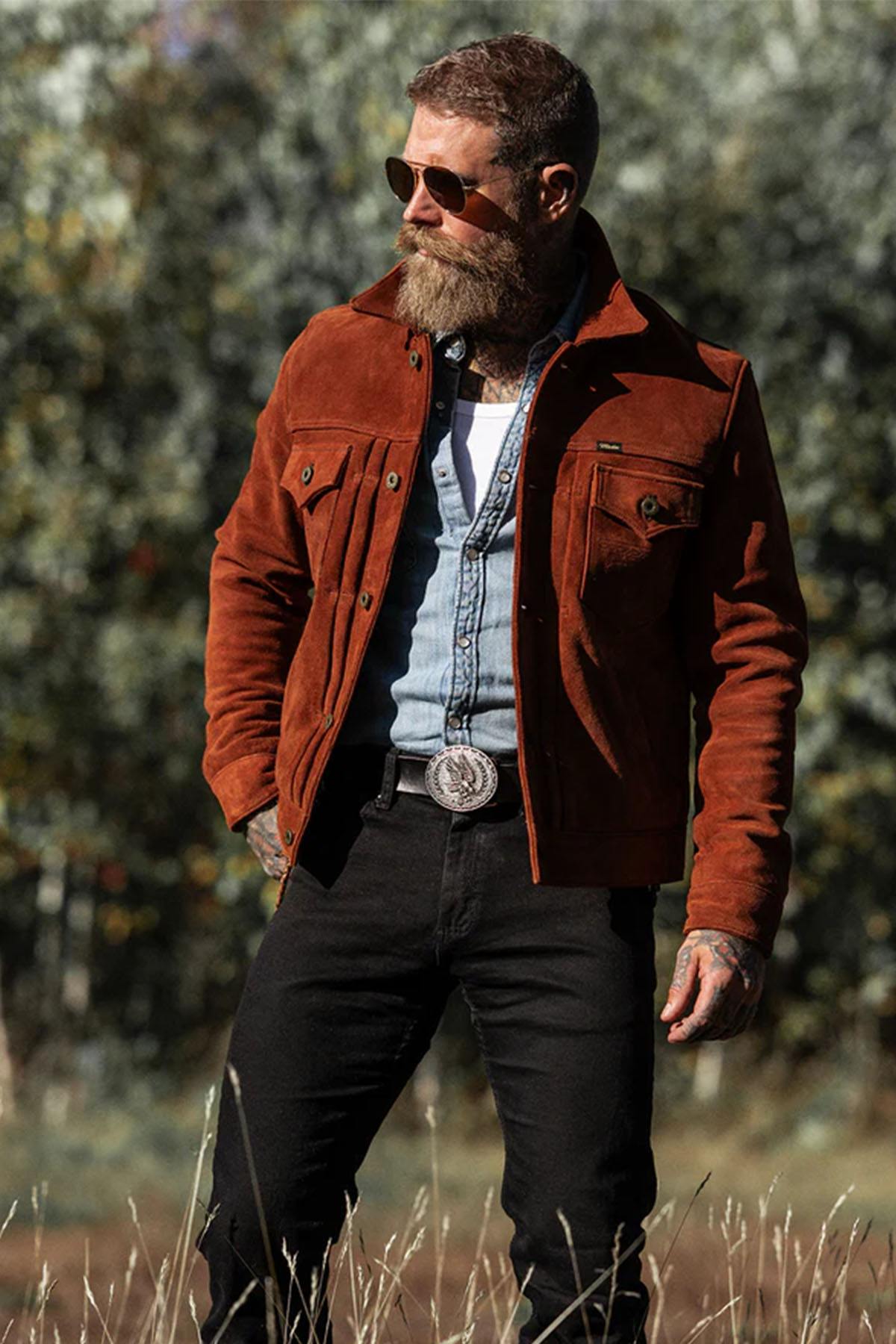 Copper roughout cowhide trucker jacket, Western-inspired and modern. - Image n°14