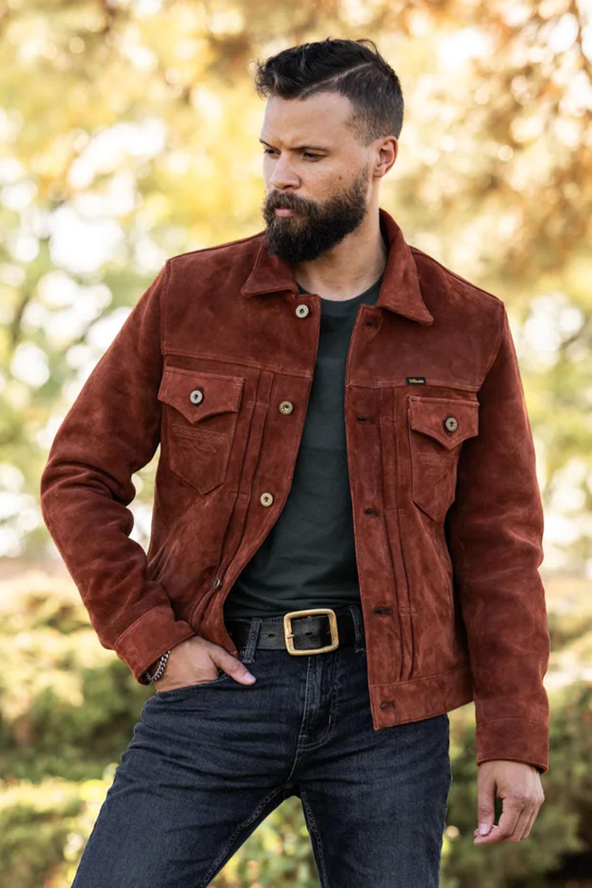 Copper roughout cowhide trucker jacket, Western-inspired and modern. - Image n°1