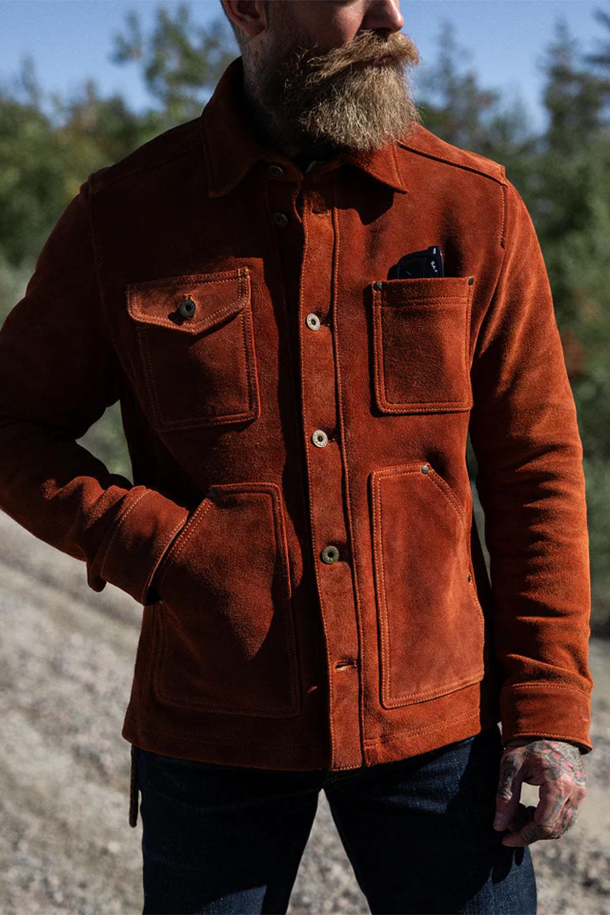 Copper-colored suede leather work jacket - Image n°6