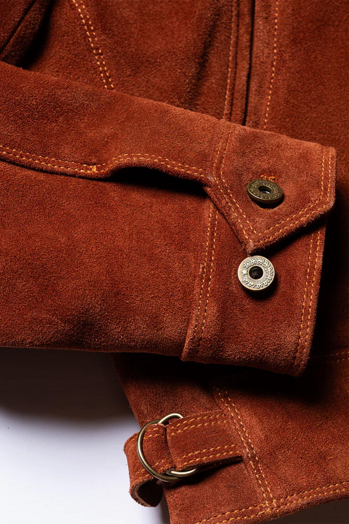 Copper-colored cowhide leather jacket with a velvet effect - Image n°12
