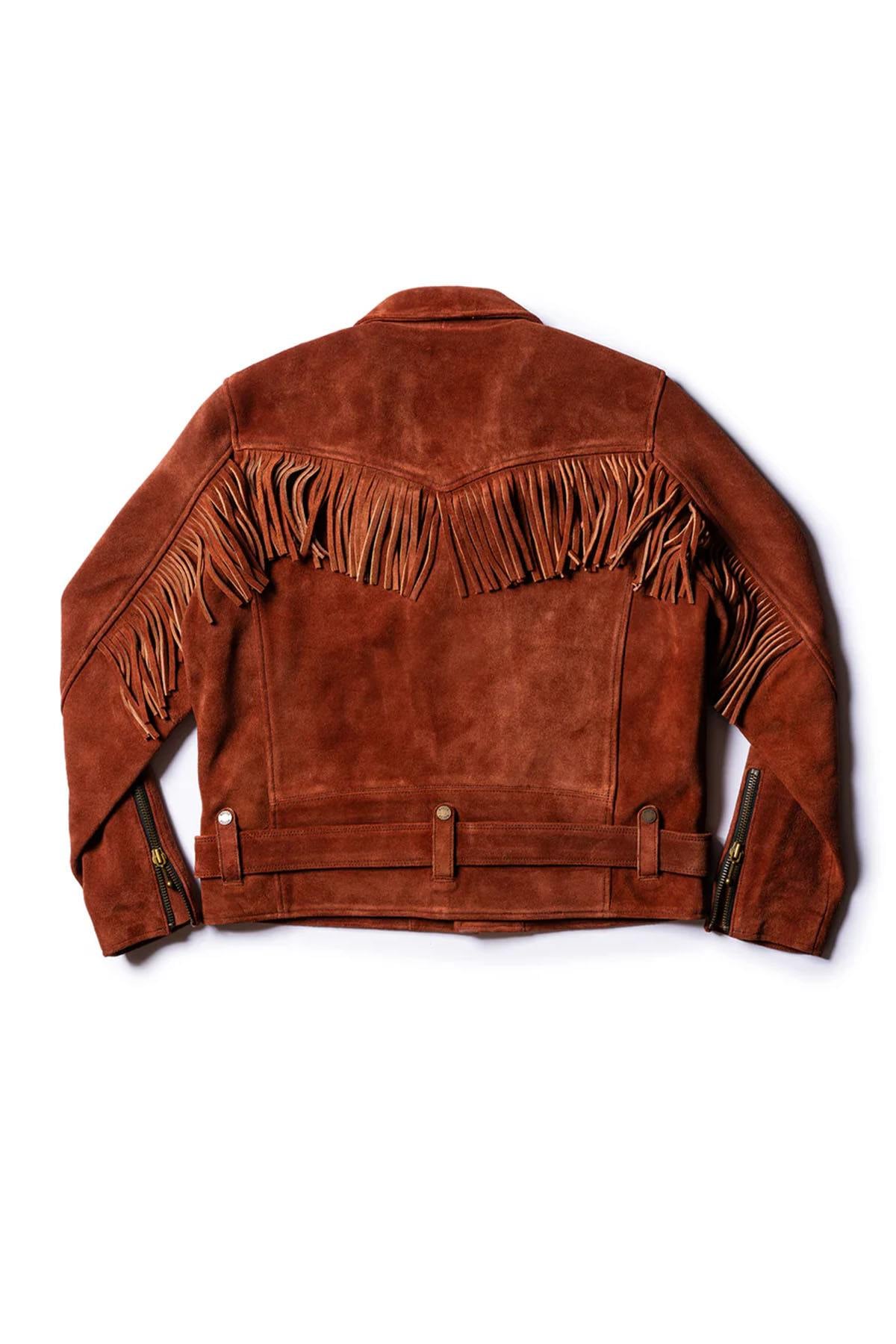 Copper-colored leather fringed biker jacket in a western style - Image n°11