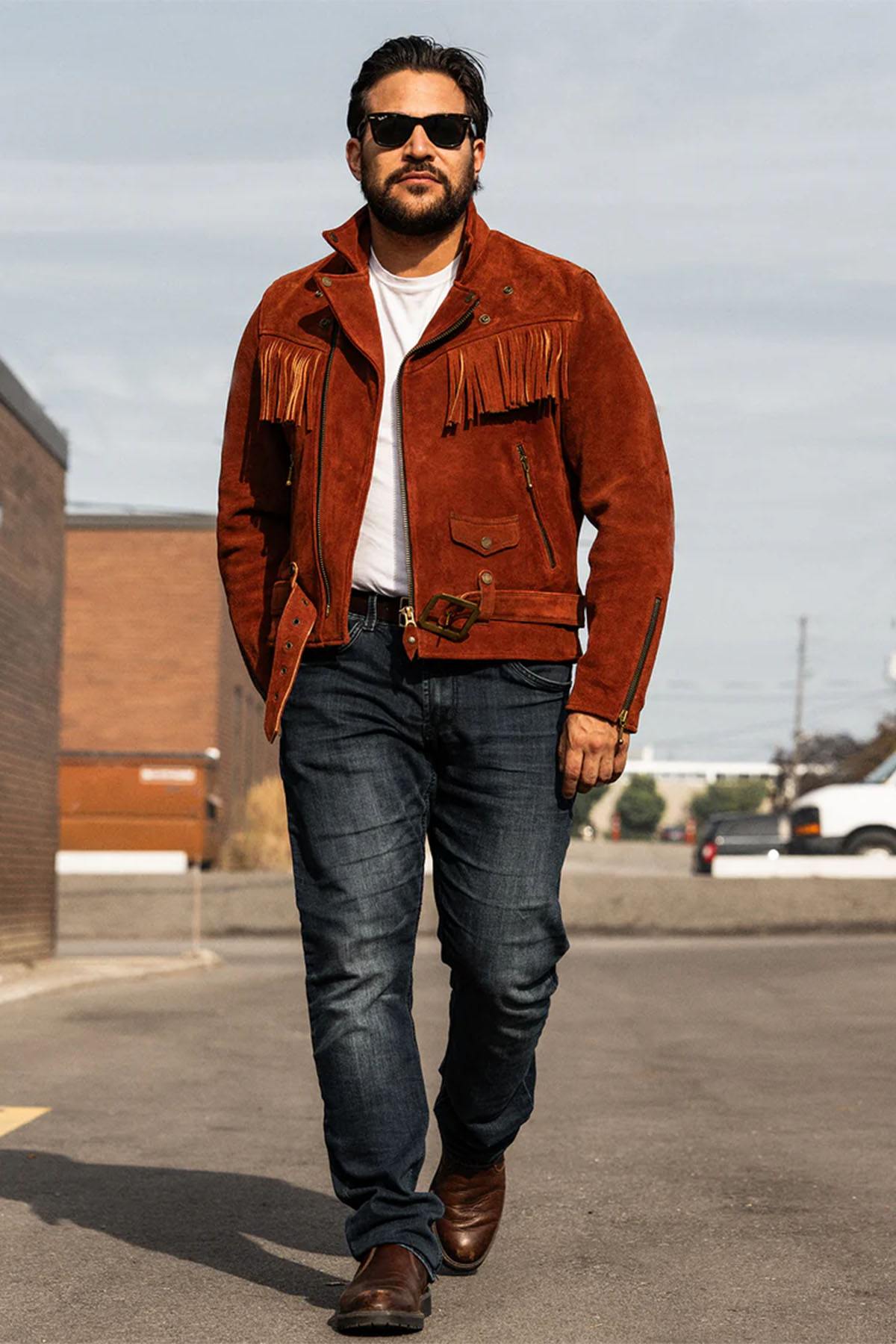 Copper-colored leather fringed biker jacket in a western style - Image n°4