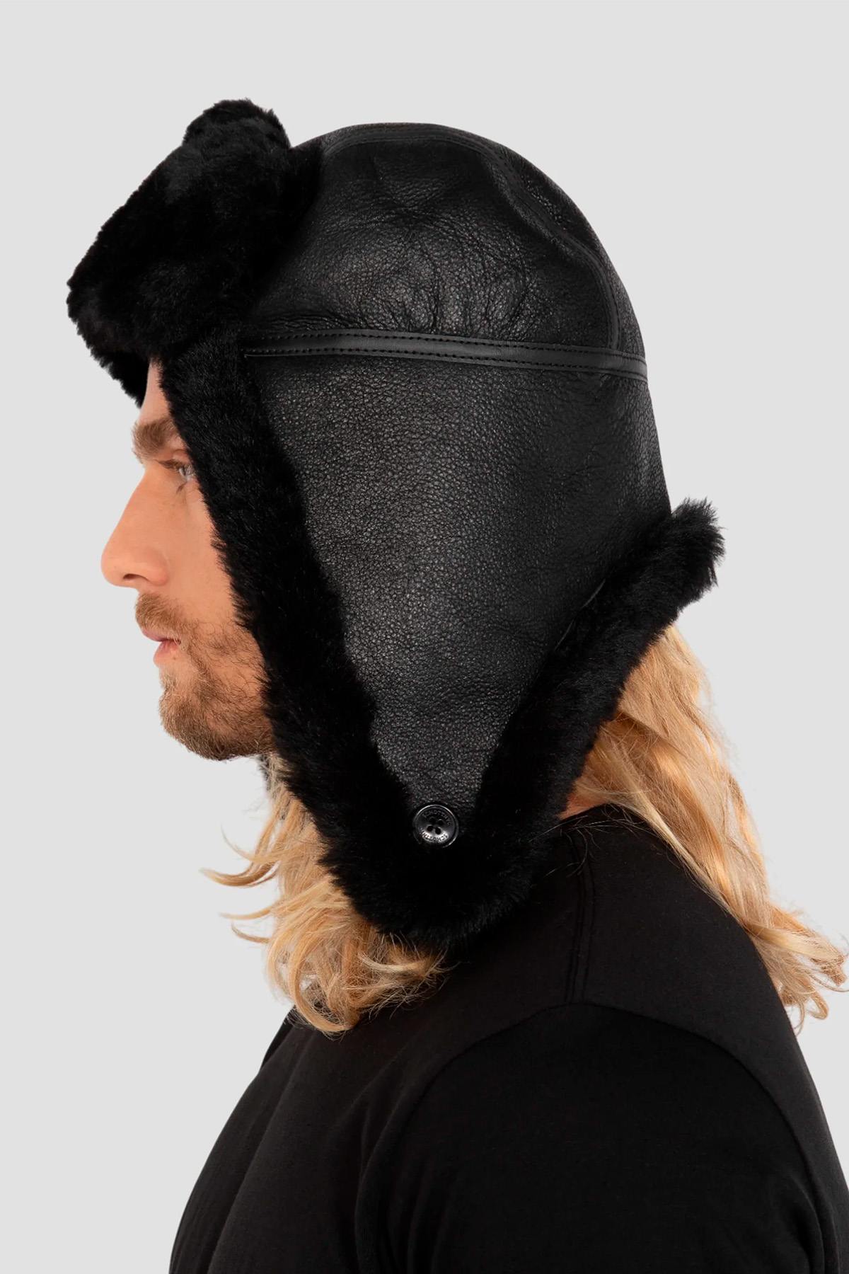 Black double-sided sheepskin hat - Image n°3