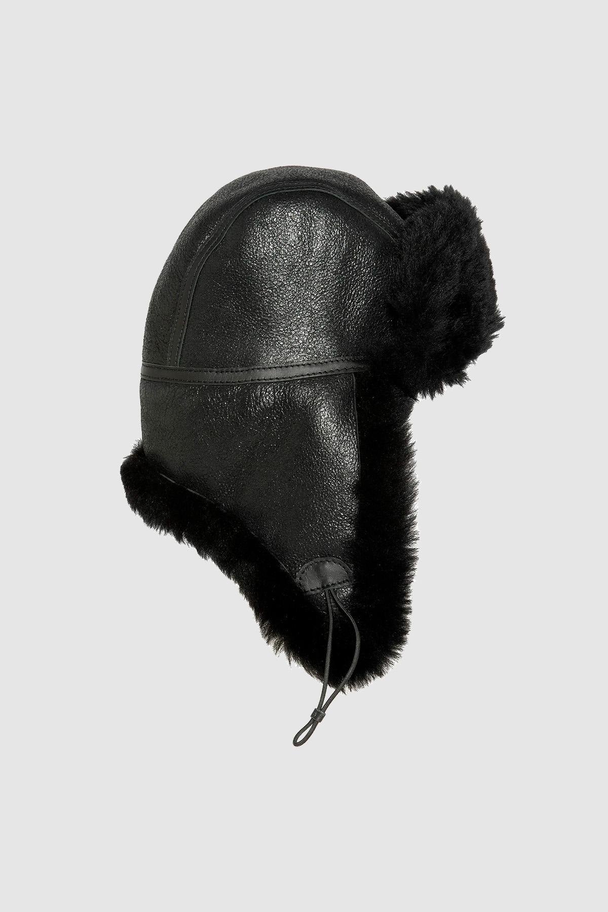 Black double-sided sheepskin hat - Image n°8