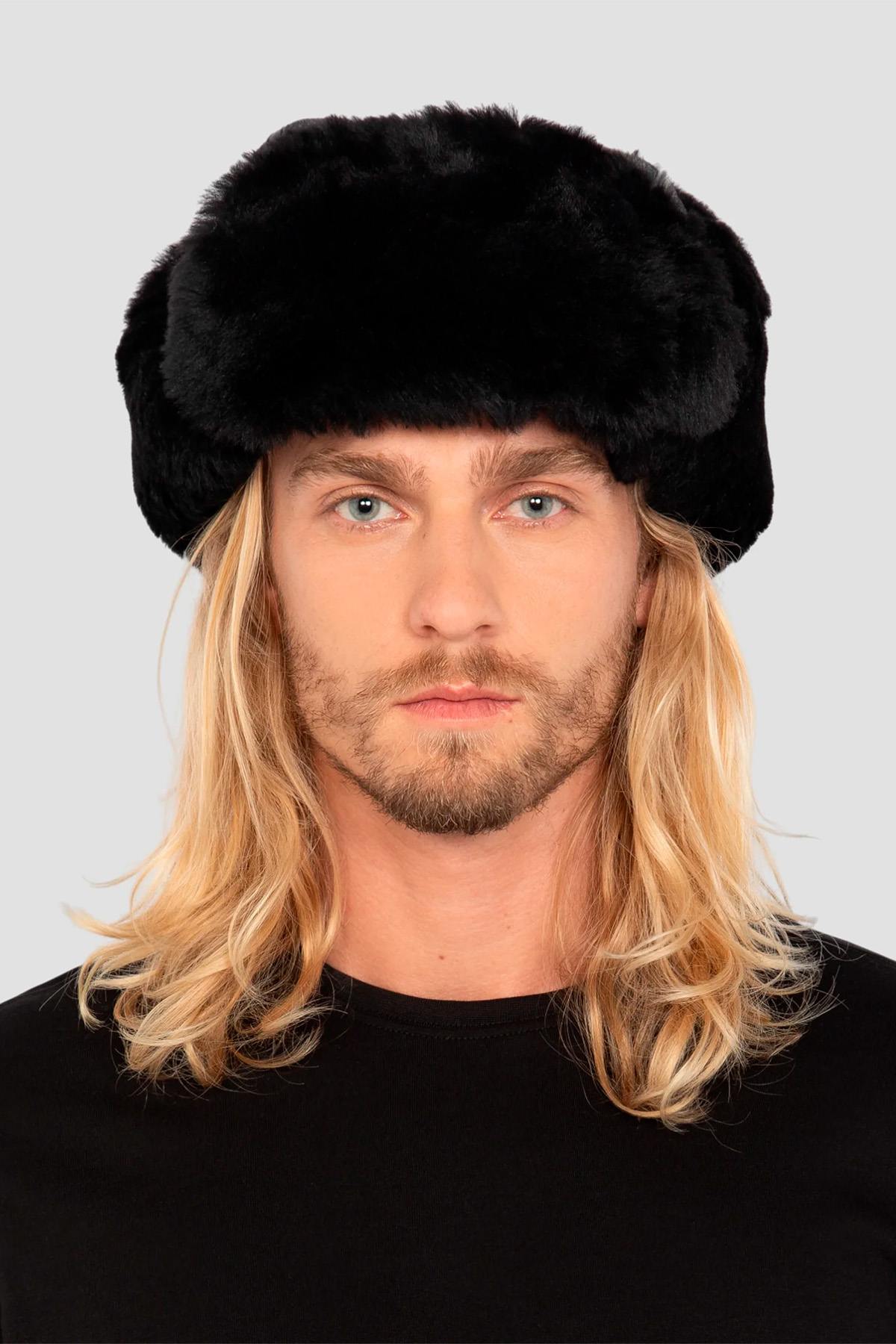 Black double-sided sheepskin hat - Image n°2