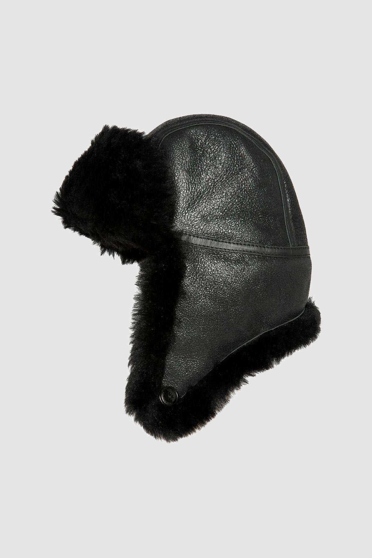 Black double-sided sheepskin hat - Image n°9