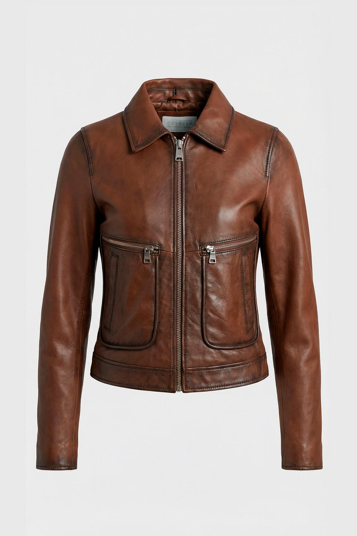 A cognac sheep leather jacket with a slim, aged biker look. - Image n°6