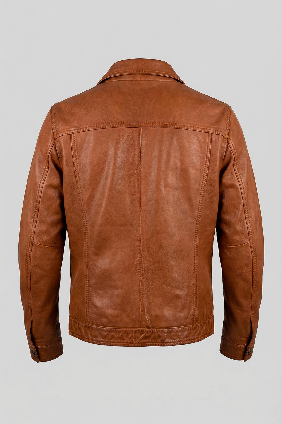 Cognac-colored leather trucker jacket - Image n°2