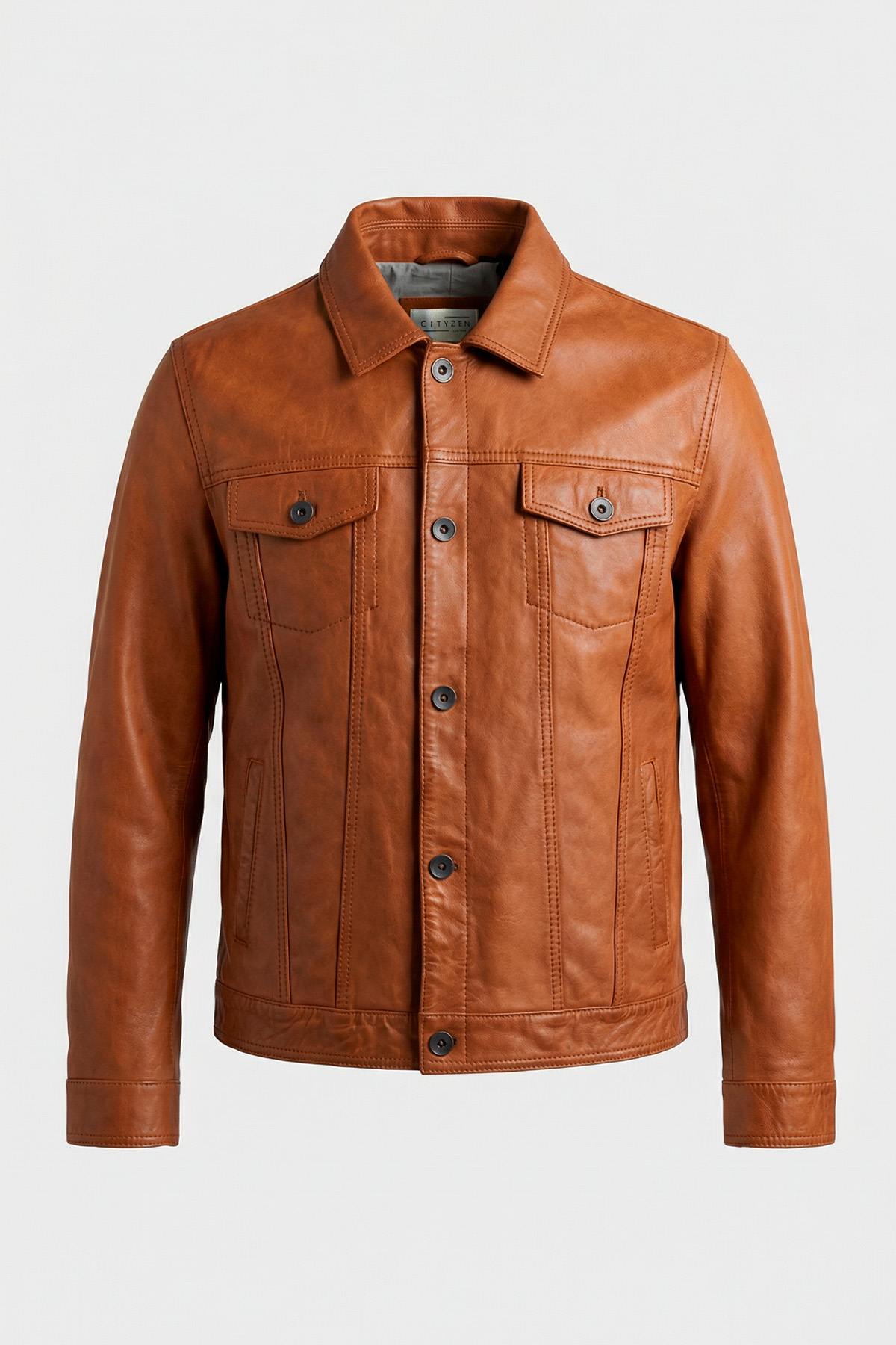 Cognac-colored leather trucker jacket - Image n°5
