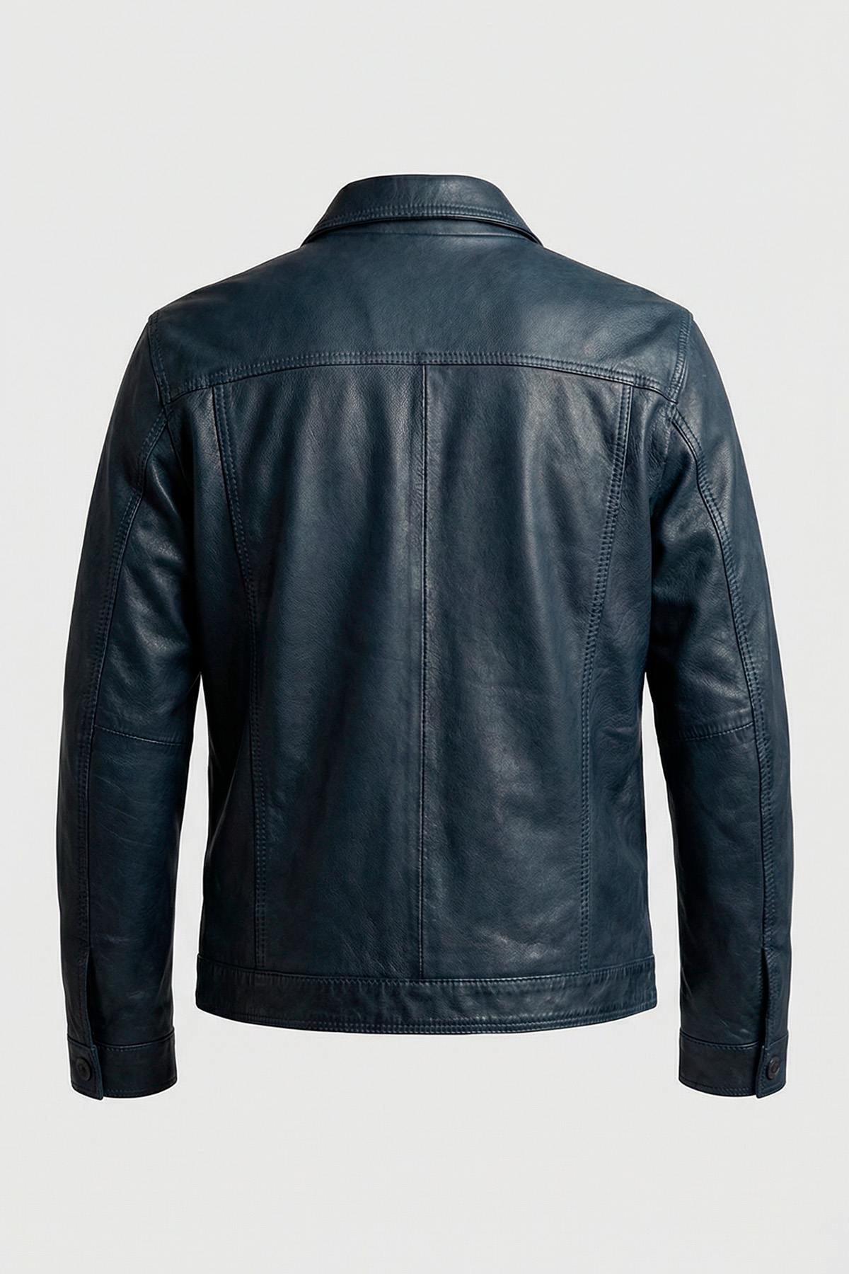 Navy blue leather trucker jacket - Image n°10