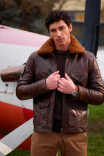 PAF distressed brown leather bomber jacket with shearling collar - Image n°8