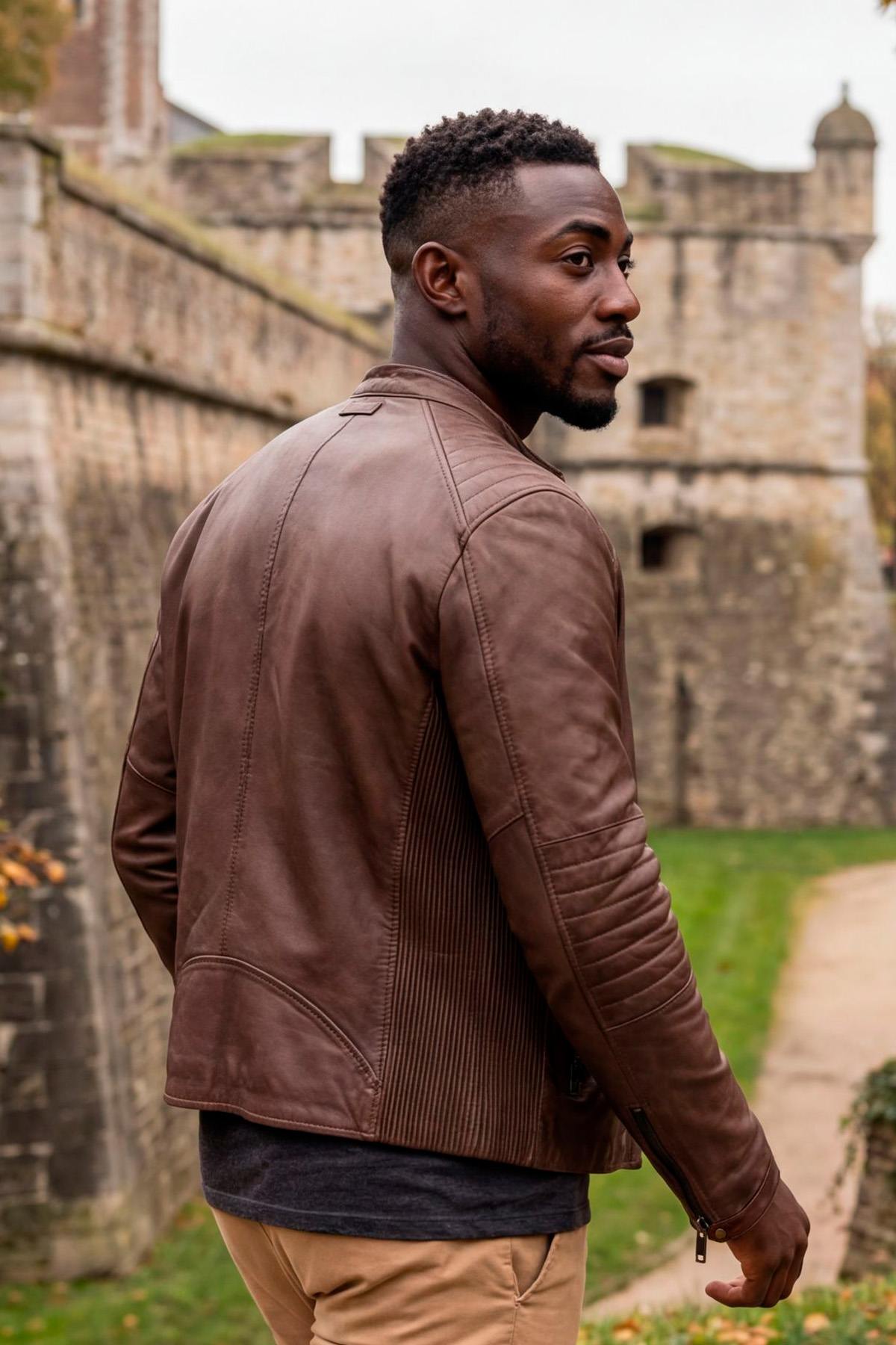 Brown sheepskin biker jacket with Mao collar and quilted detailing. - Image n°2