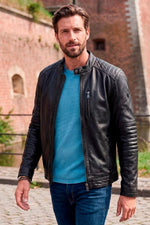 Black leather jacket with biker collar - Image n°1