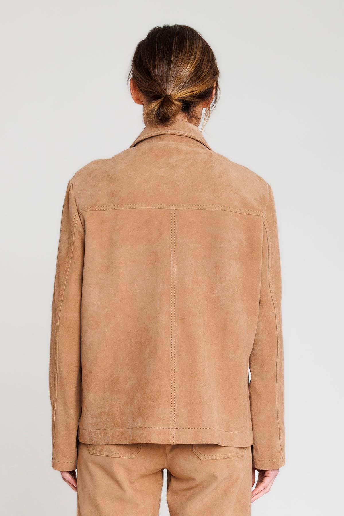 Beige suede leather jacket with shirt collar - Image n°3