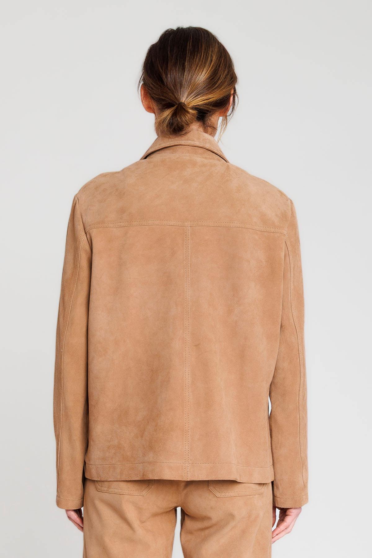 Beige suede leather jacket with shirt collar - Image n°3