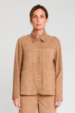 Beige suede leather jacket with shirt collar - Image n°1