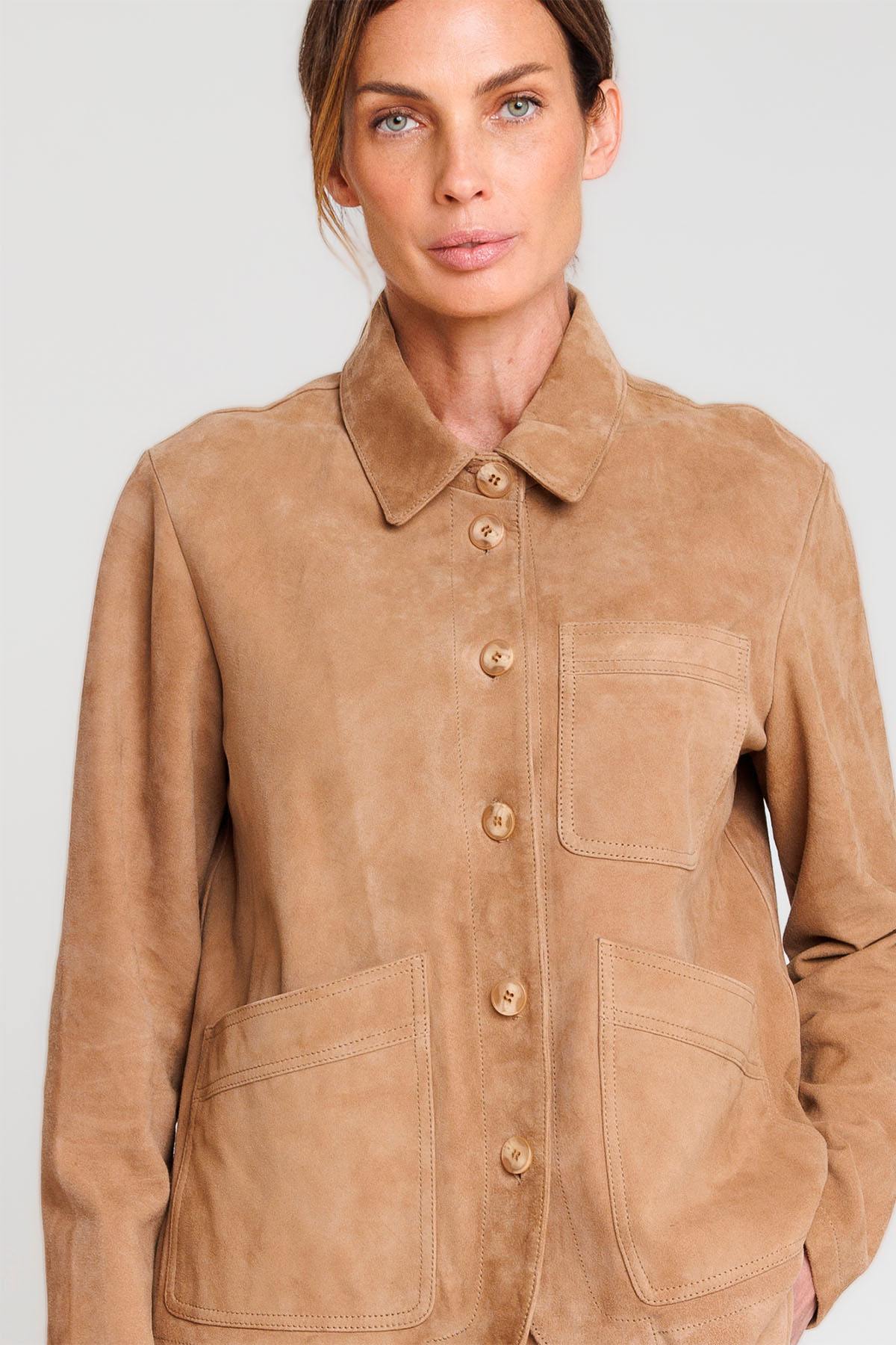 Beige suede leather jacket with shirt collar - Image n°2