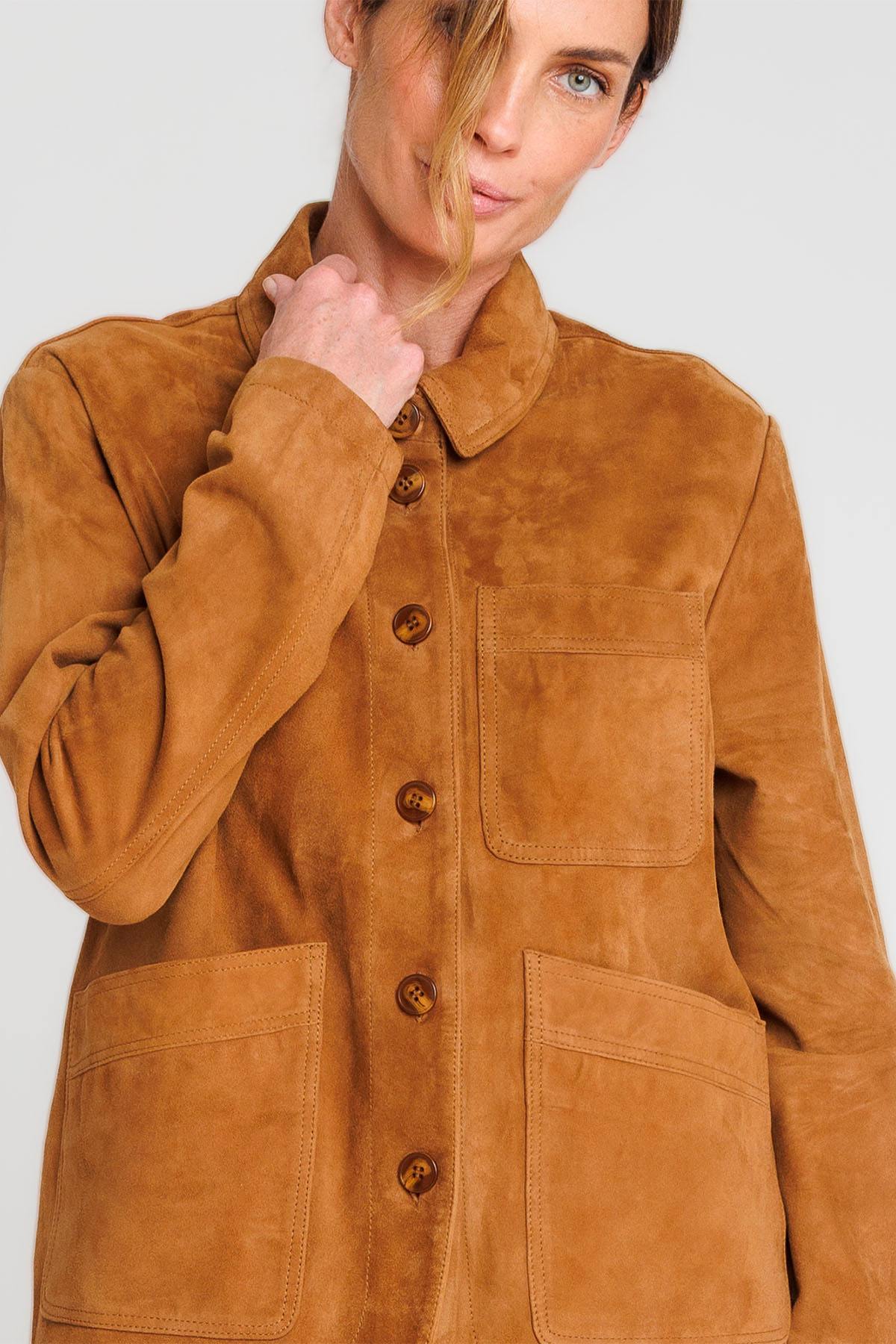 Cognac-colored suede leather jacket with a shirt collar - Image n°2