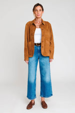 Cognac-colored suede leather jacket with a shirt collar - Image n°4
