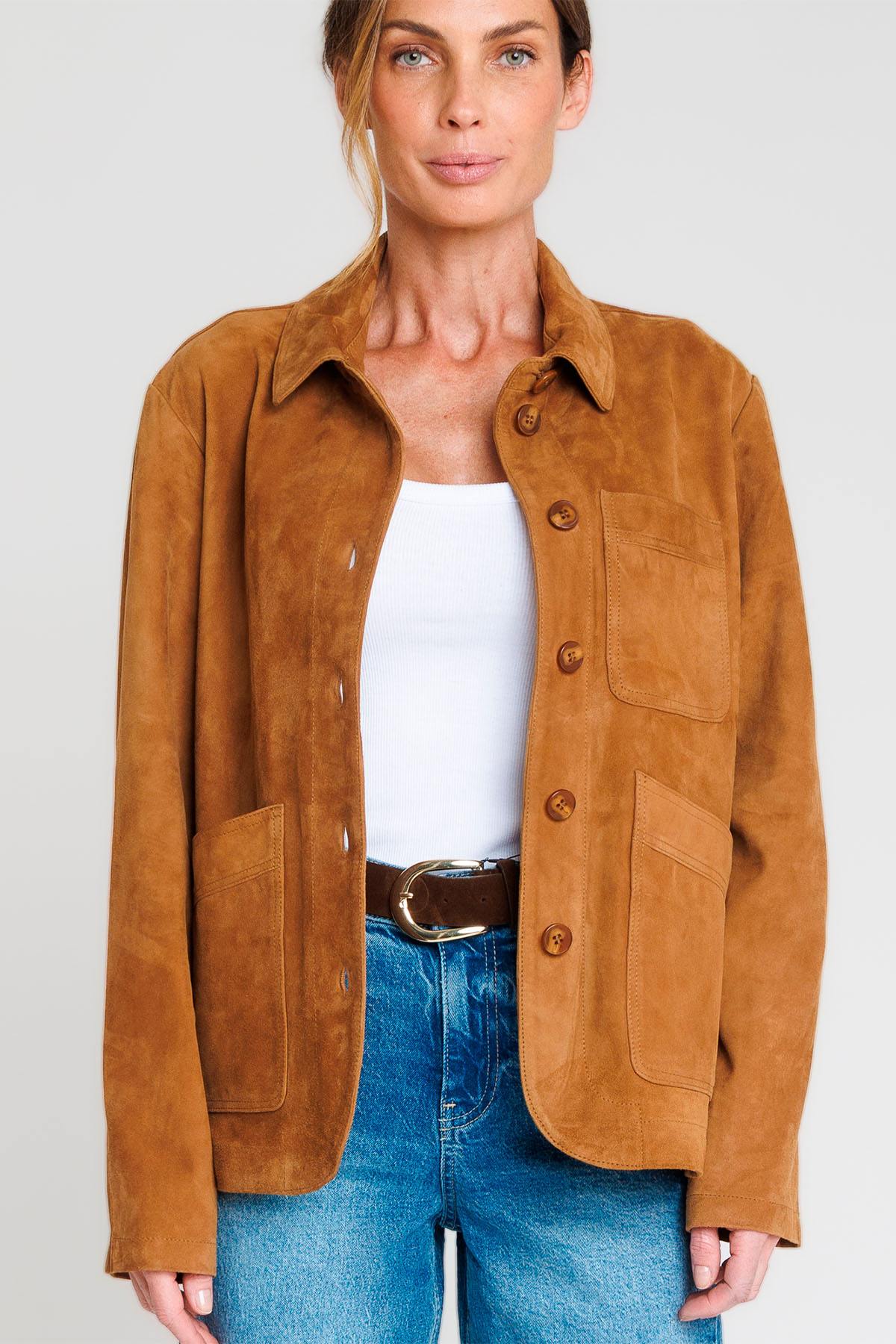 Cognac-colored suede leather jacket with a shirt collar - Image n°5