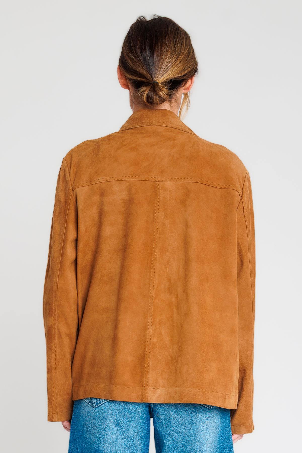 Cognac-colored suede leather jacket with a shirt collar - Image n°3