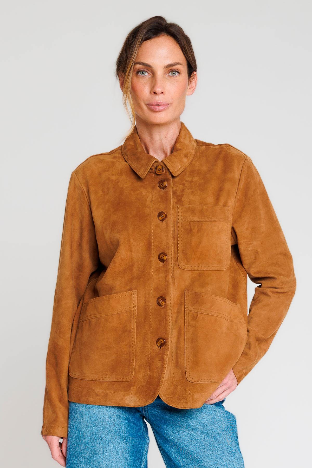 Cognac-colored suede leather jacket with a shirt collar - Image n°1