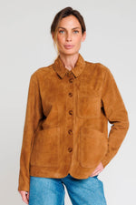 Cognac-colored suede leather jacket with a shirt collar - Image n°1