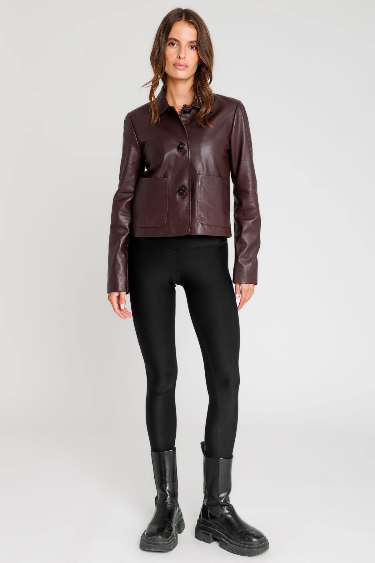 Deep burgundy lambskin jacket with a straight cut and tonal buttons. - Image n°3