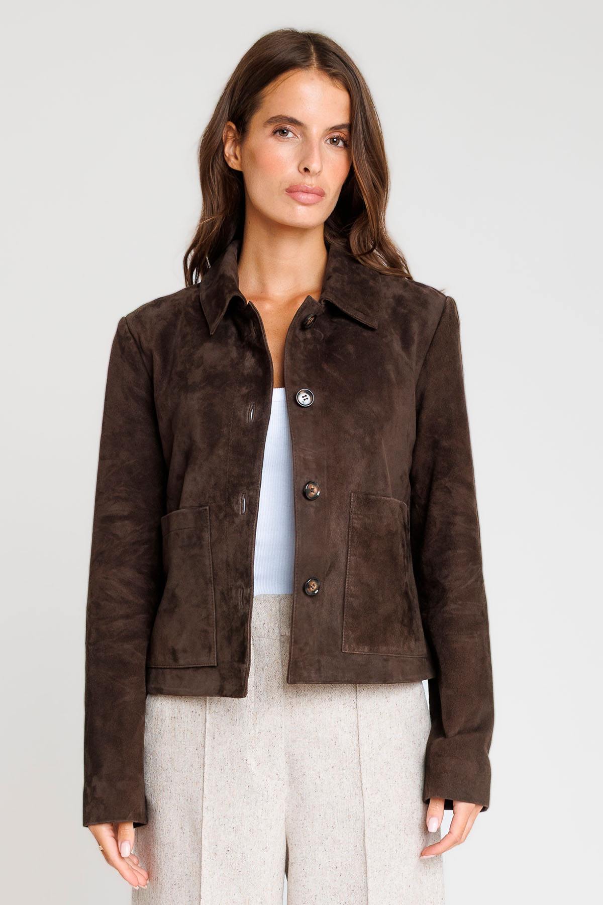 Brown suede leather jacket with shirt collar and buttons - Image n°4