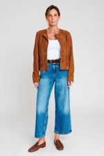 Tobacco-colored collarless suede leather jacket - Image n°4