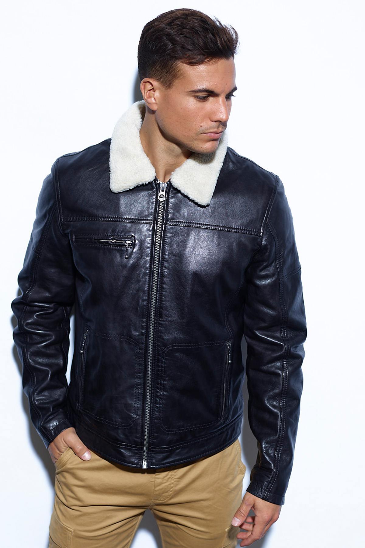 Black leather bomber jacket with faux fur collar - Image n°4