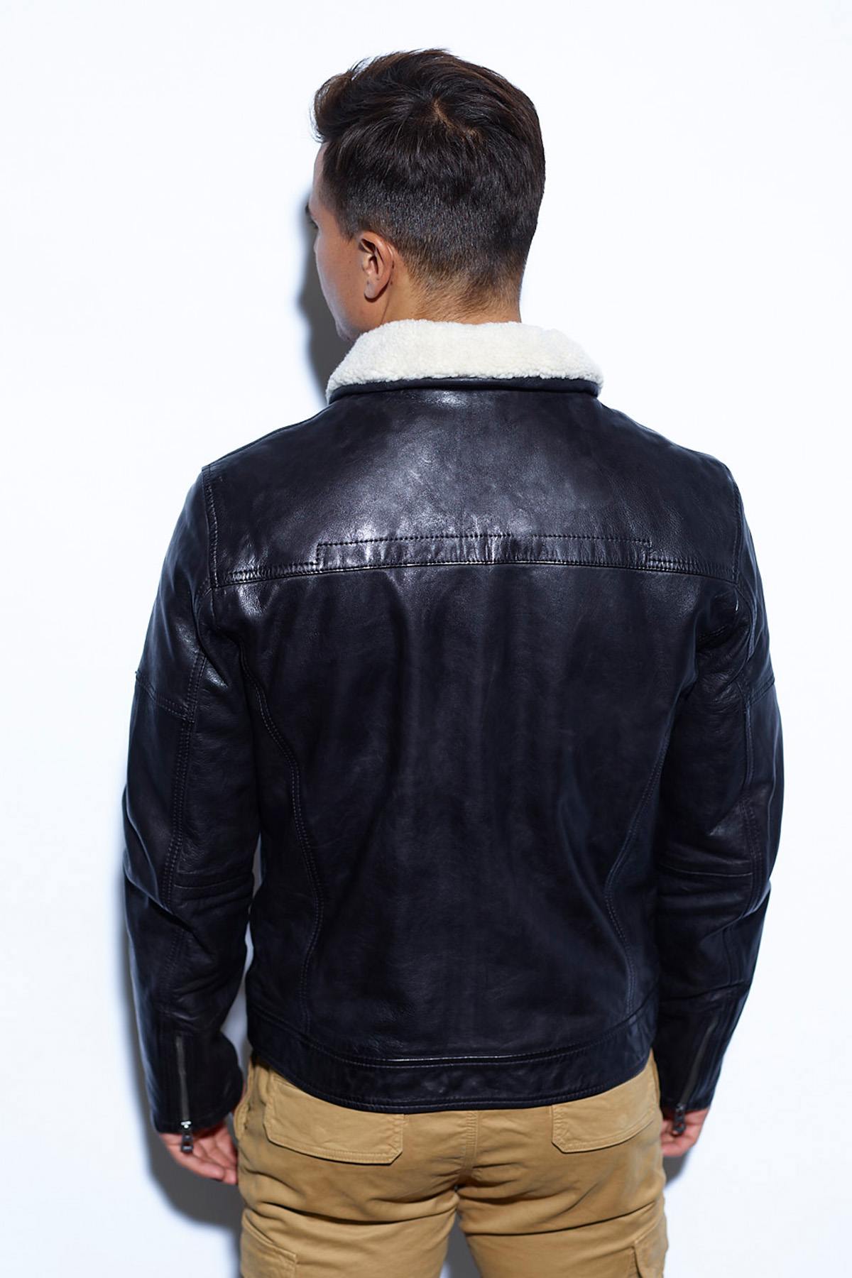 Black leather bomber jacket with faux fur collar - Image n°2