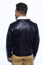 Black leather bomber jacket with faux fur collar - Image n°2