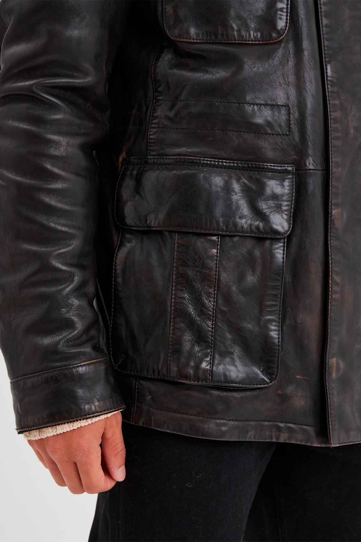 Men's multi-pocket black leather jacket - Image n°5