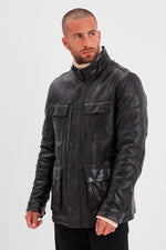 Men's multi-pocket black leather jacket - Image n°1