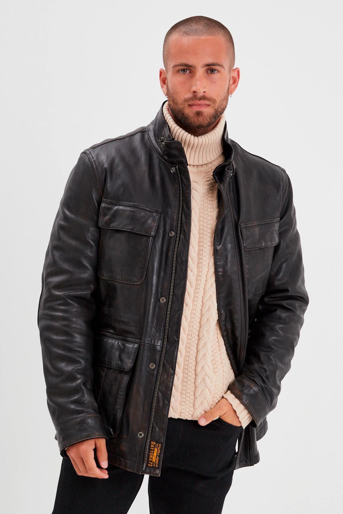 Men's multi-pocket black leather jacket - Image n°4