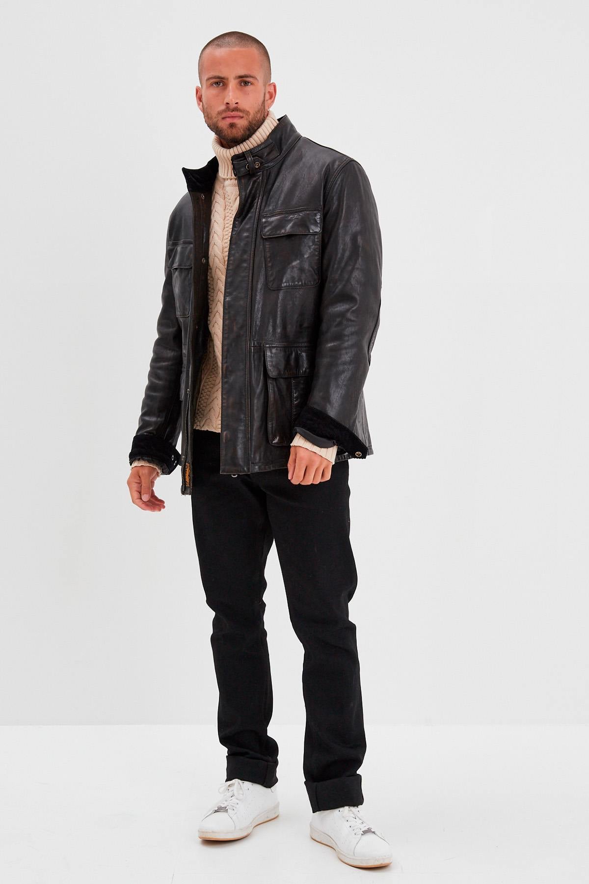 Men's multi-pocket black leather jacket - Image n°6