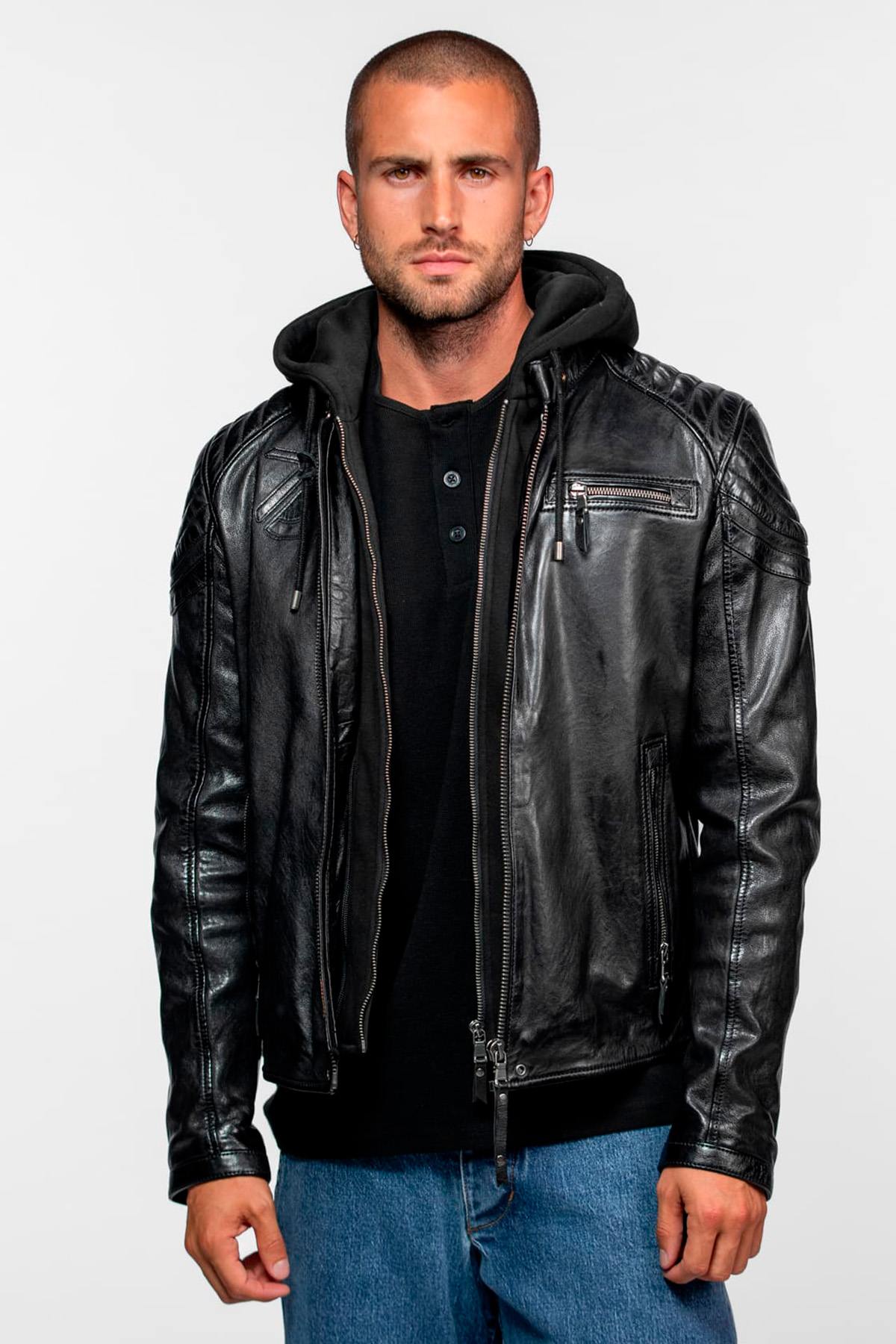 Black hooded biker jacket with shoulder stitching - Image n°3