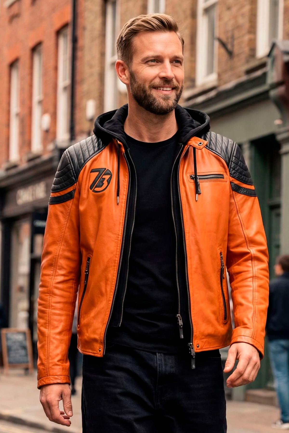 Orange hooded biker jacket with shoulder stitching - Image n°1