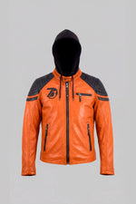 Burnt orange lambskin jacket with biker hood and waist-cut fit. - Image n°7