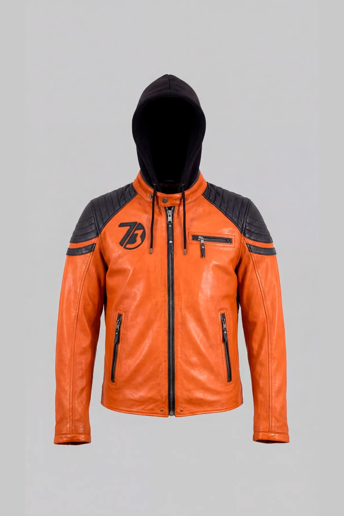 Orange hooded biker jacket with shoulder stitching - Image n°7