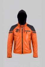 Burnt orange lambskin jacket with biker hood and waist-cut fit. - Image n°7