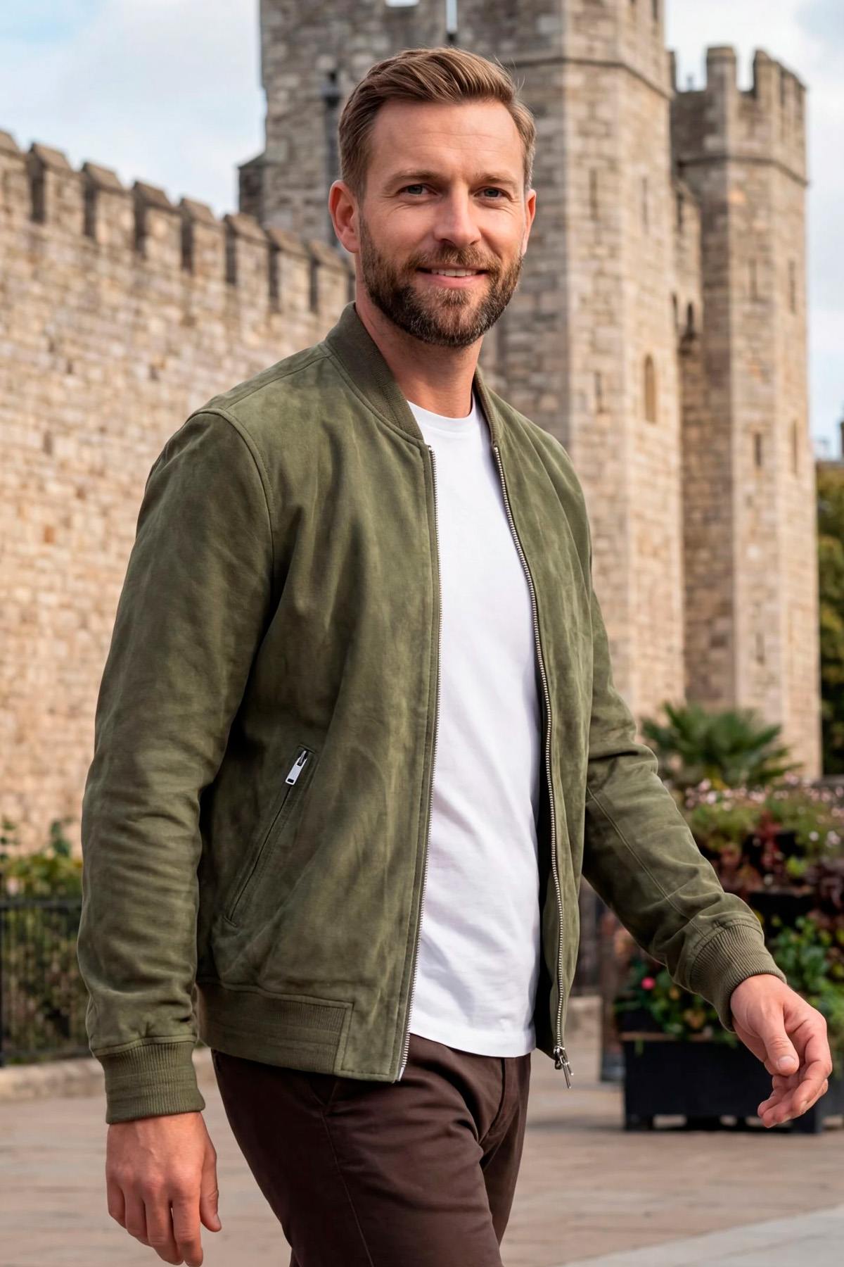 Green suede leather bomber jacket - Image n°1