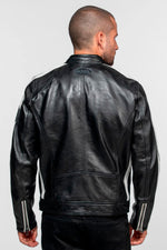 Black leather biker-collar jacket with patches - Image n°3