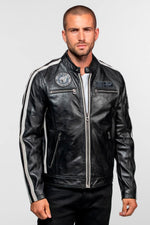Black leather biker-collar jacket with patches - Image n°2