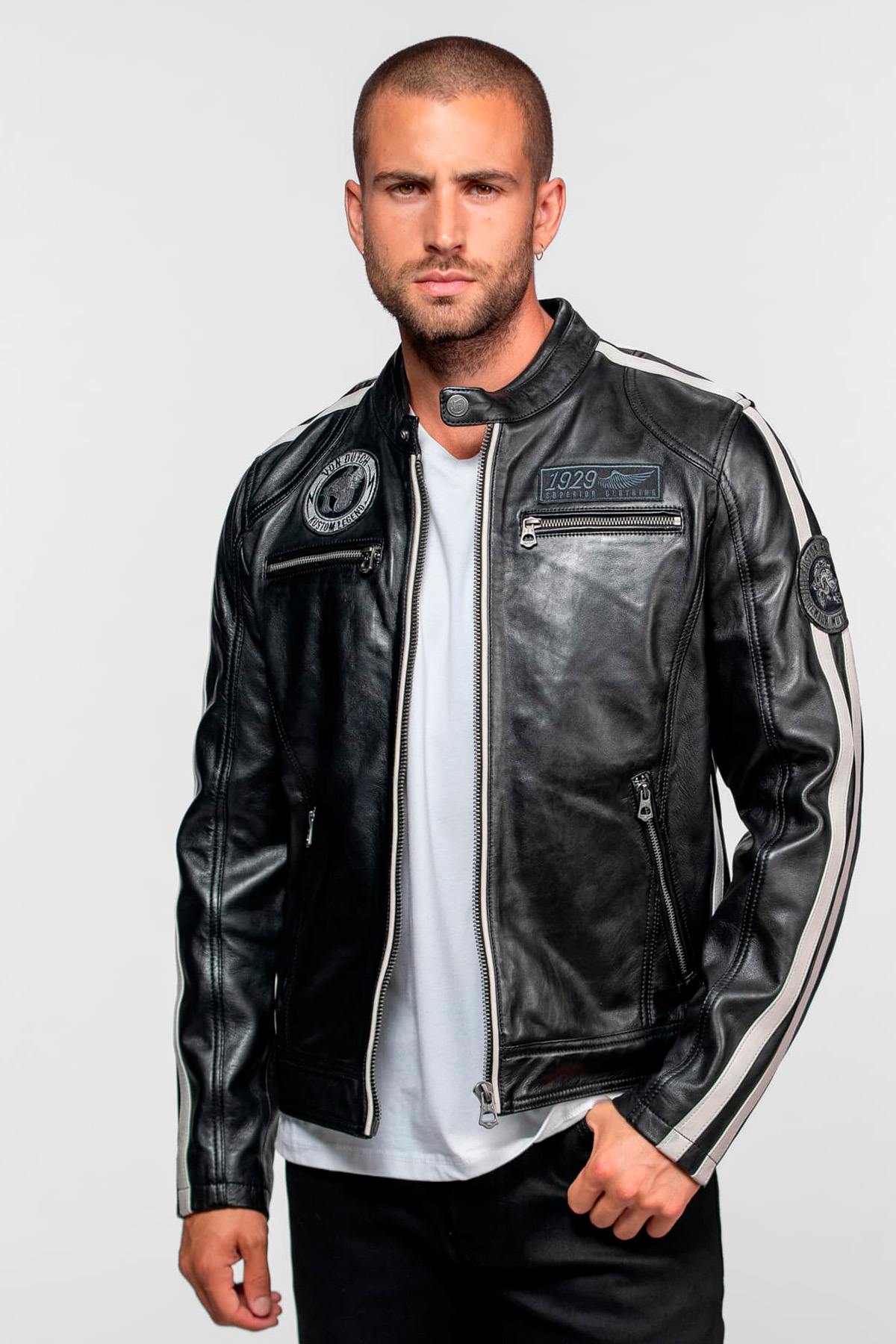 Black leather biker-collar jacket with patches - Image n°1