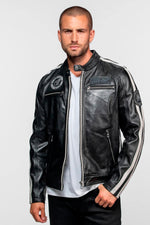 Black leather biker-collar jacket with patches - Image n°1