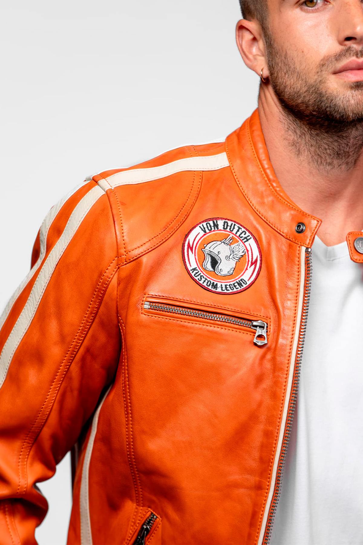 Orange leather biker-collar jacket with patches - Image n°5